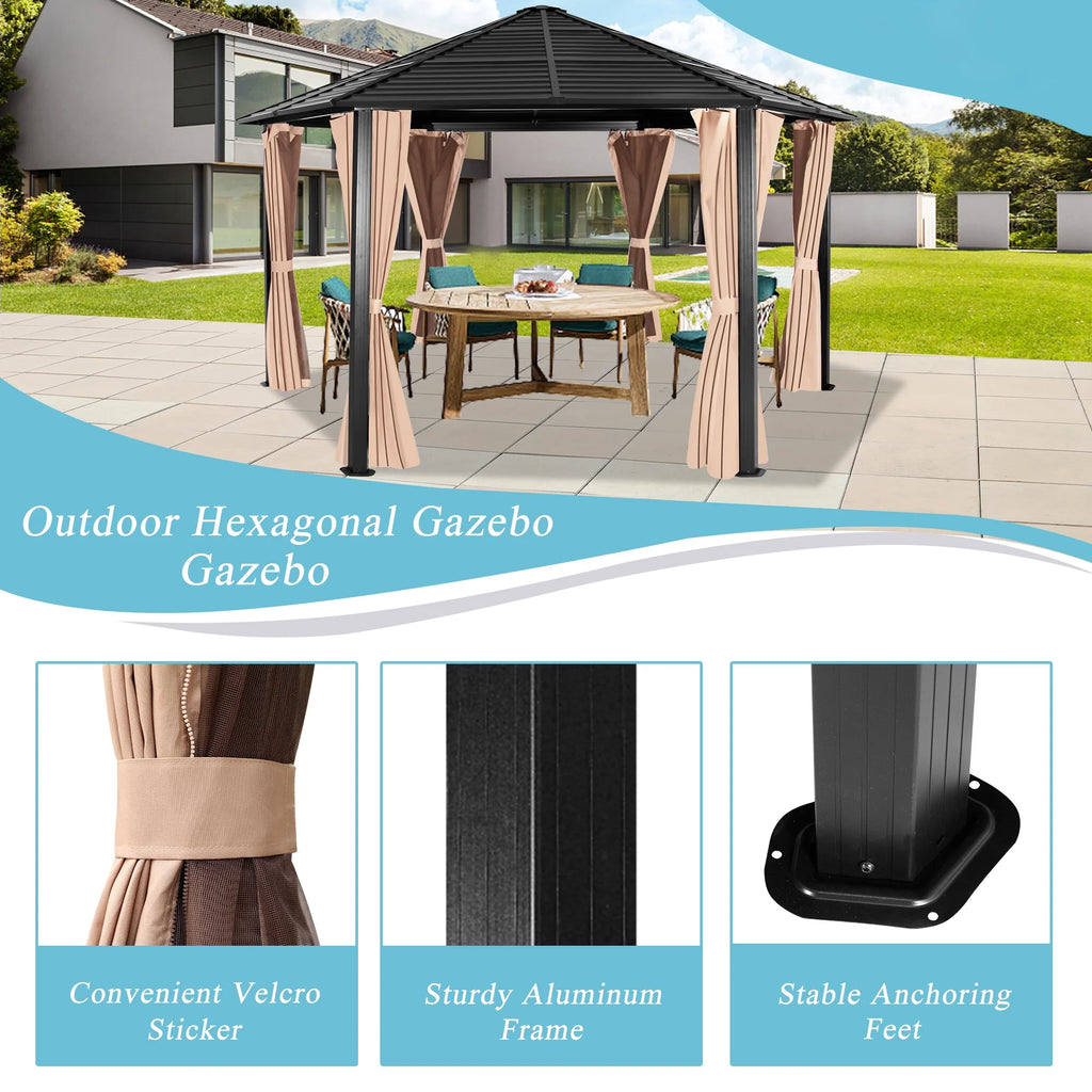 Hexagonal Hardtop Gazebo with Curtains & Mesh Screen C255421