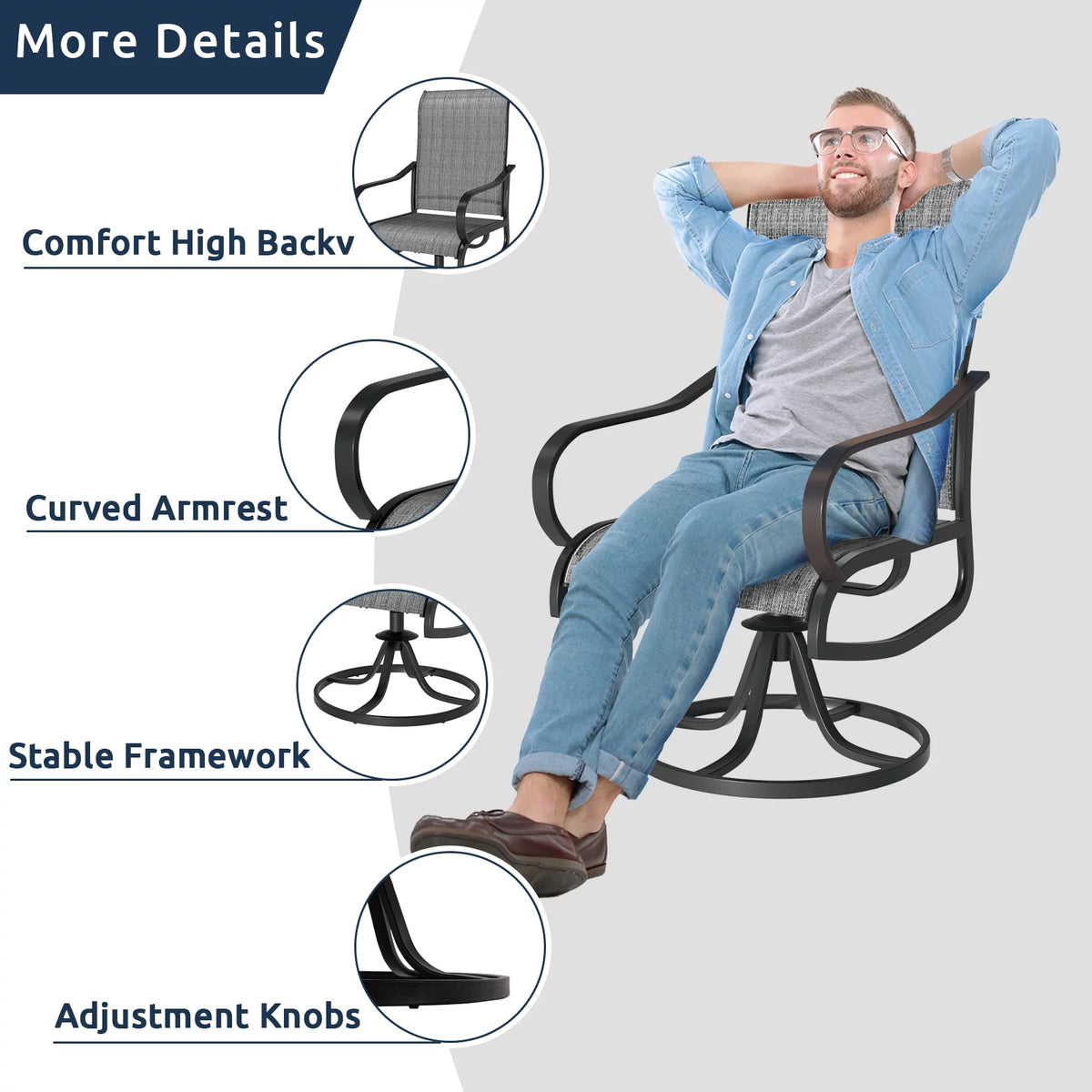 Grey White Set of 2 High Back Padded Swivel Patio Chairs Y6411