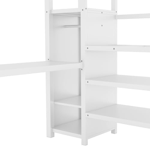 Full Size White Metal Loft Bed with Desk and Storage Stairs H660706