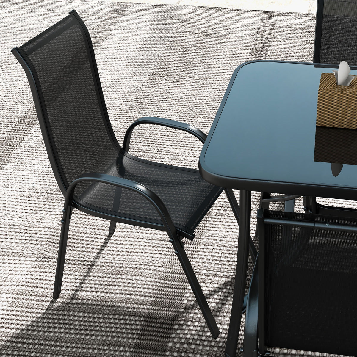 Black Patio Dining Set for Six with Umbrella O6352