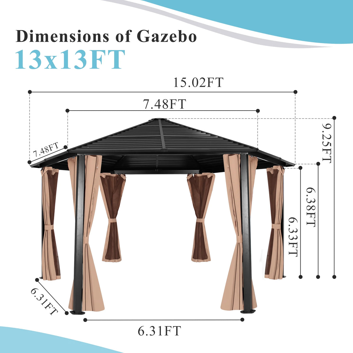 Hexagonal Hardtop Gazebo with Curtains & Mesh Screen C255421
