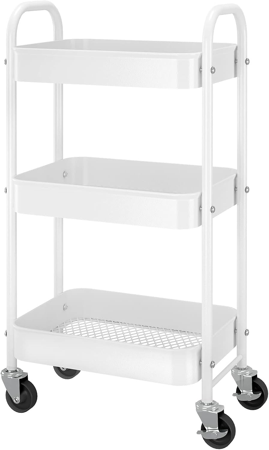 White 3-Tier Metal Rolling Storage Cart with Plastic Basket Y488734