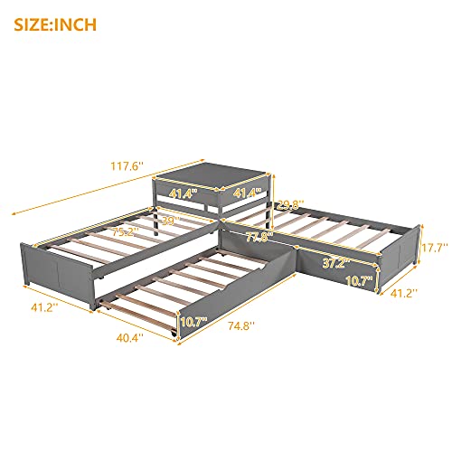 Grey Wood L-Shaped Corner Platform Beds with Trundle, Double Twin Size Beds with 2 Drawers G891458