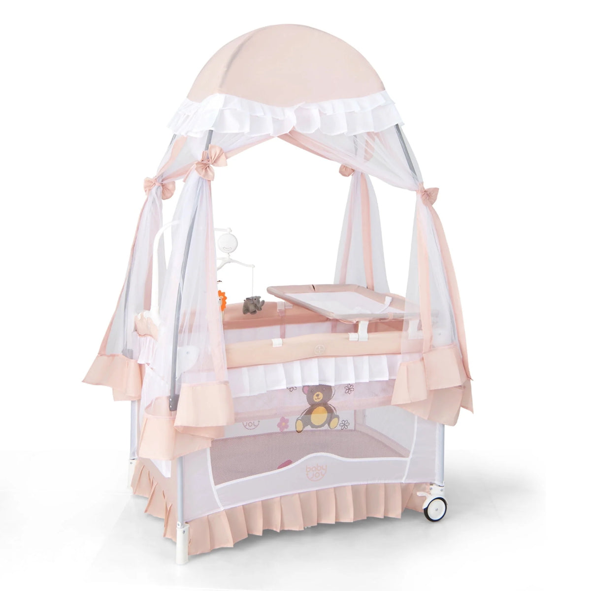 Portable 4 in 1 Baby Playard Crib with Changing Table Pink F5499