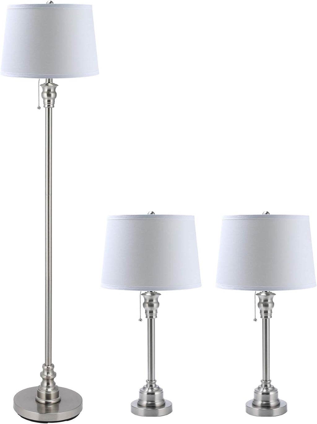 3 Lamp Set with White Fabric Shade Table and Floor Lamp Steel Finish N227956