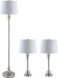 3 Lamp Set with White Fabric Shade Table and Floor Lamp Steel Finish N227956