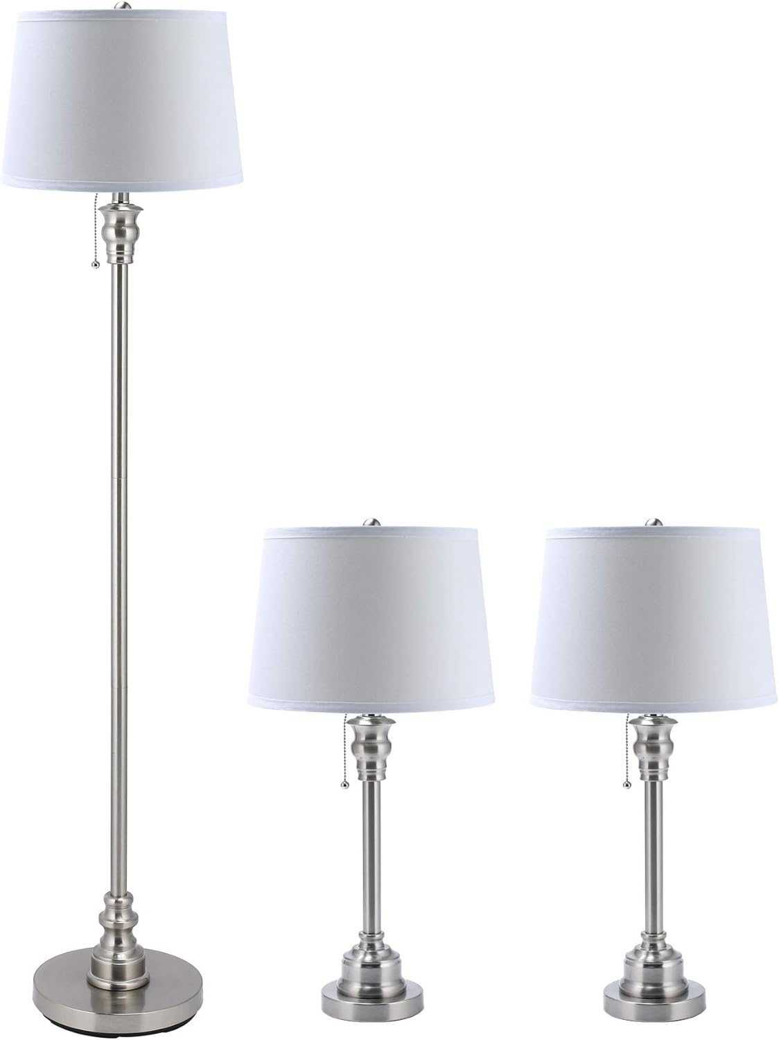 3 Lamp Set with White Fabric Shade Table and Floor Lamp Steel Finish N227956