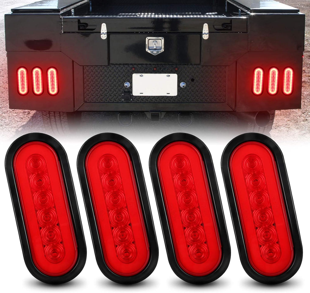 6" Oval Red LED Trailer Tail Lights 4PCS with Surface Mount Grommet C4092