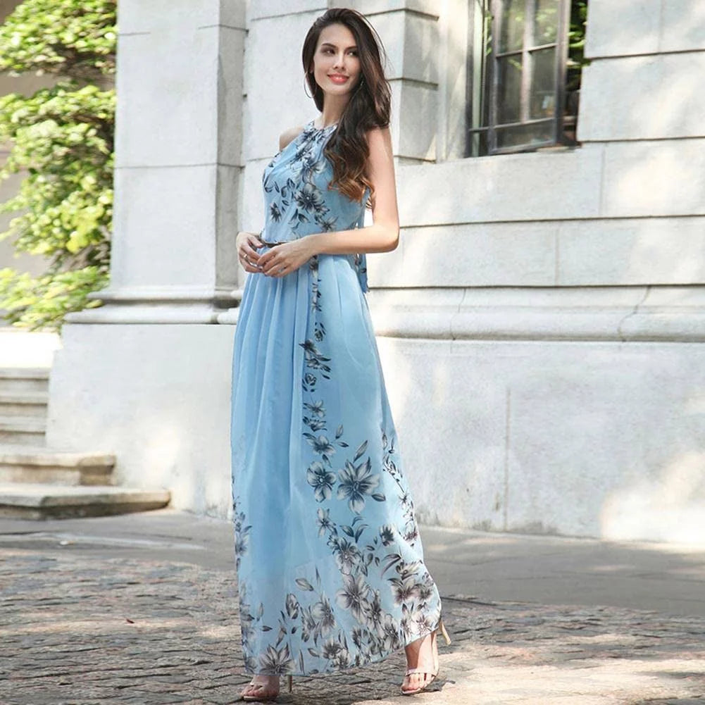 Blue Floral Halter Chiffon Maxi Dress Y108569