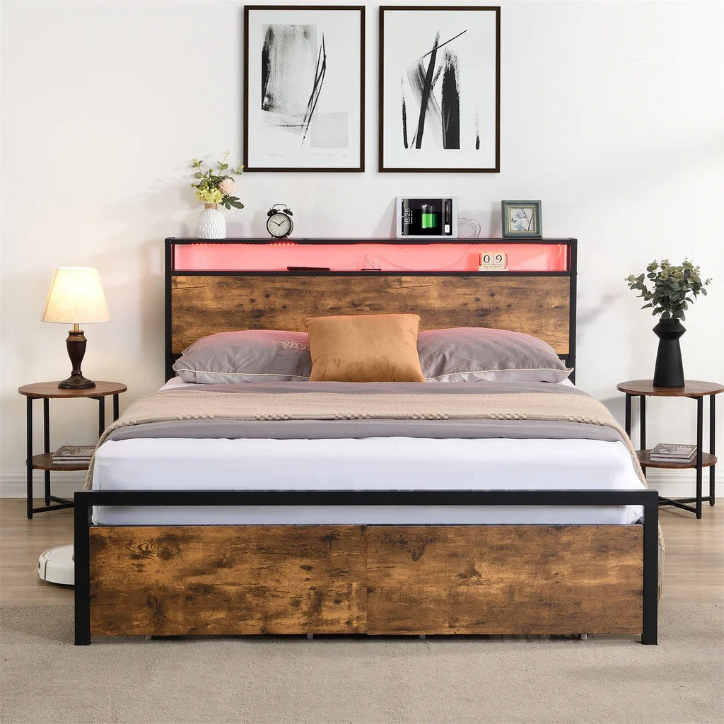 Queen Size Metal Bed Frame with Storage Headboard and 2 Drawers F837