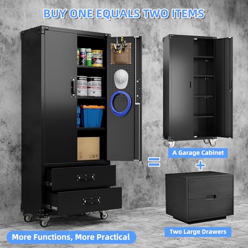 Black Metal Garage Storage Cabinet with Pegboard R363
