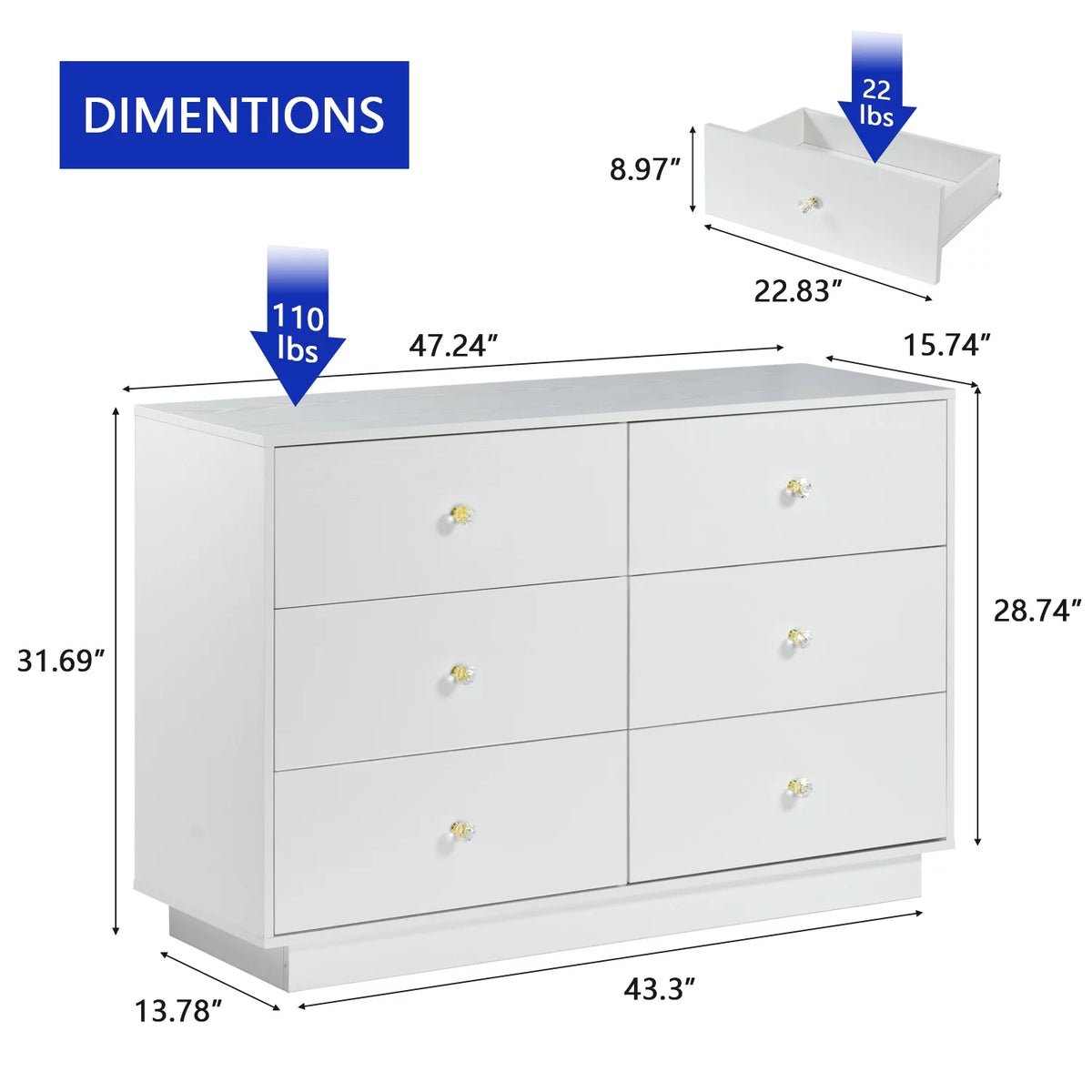 White 6 Drawer Dresser A6992