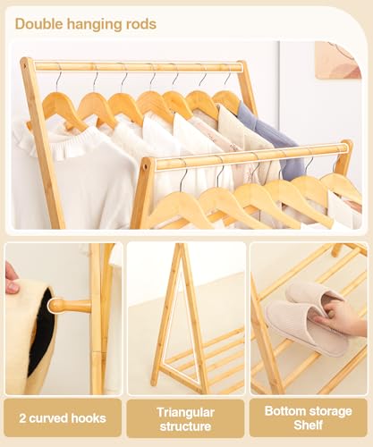 Bamboo Clothes Rack with Storage Shelf, Foldable Wardrobe Storage Rack (Natural) S745