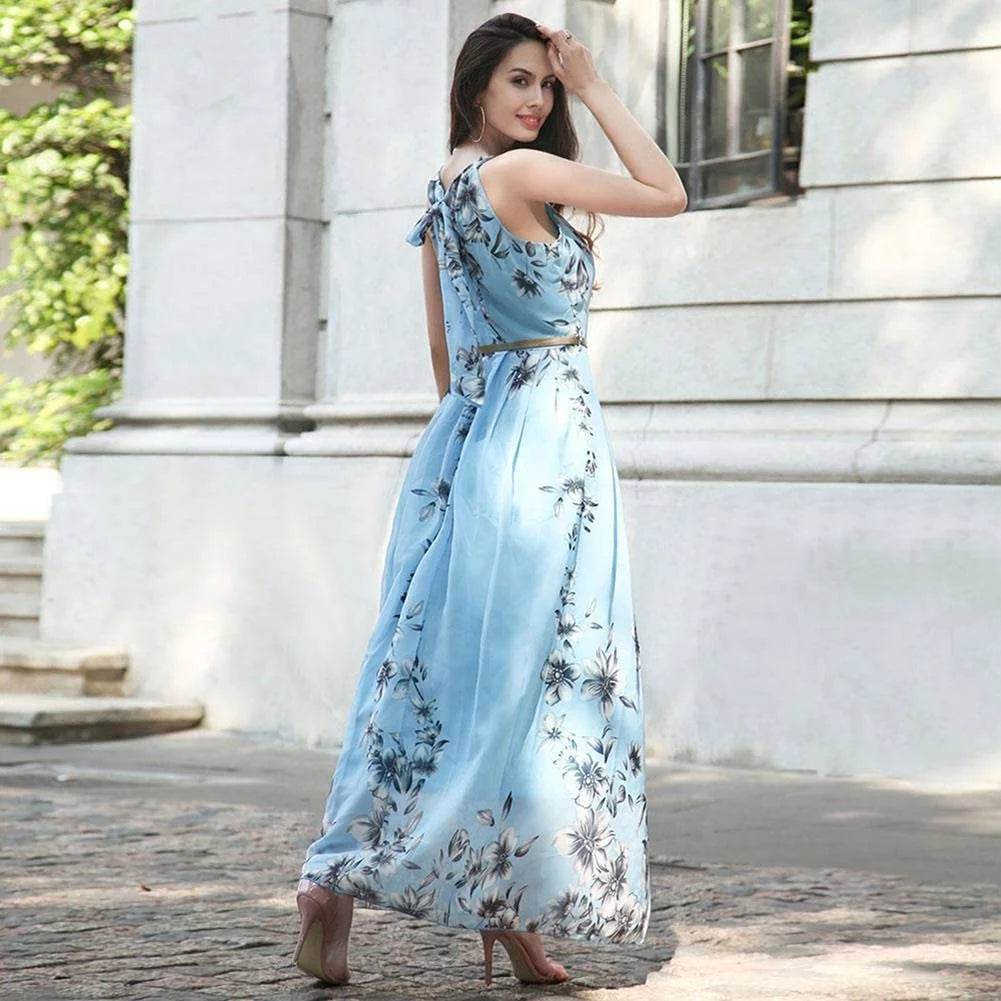 Blue Floral Halter Chiffon Maxi Dress Y108569