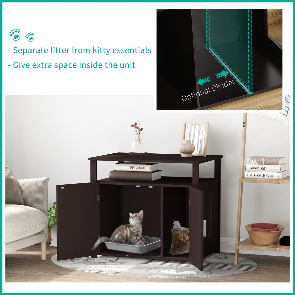 Wooden Cat Litter Box Enclosure with Adjustable Interior Wall P9889