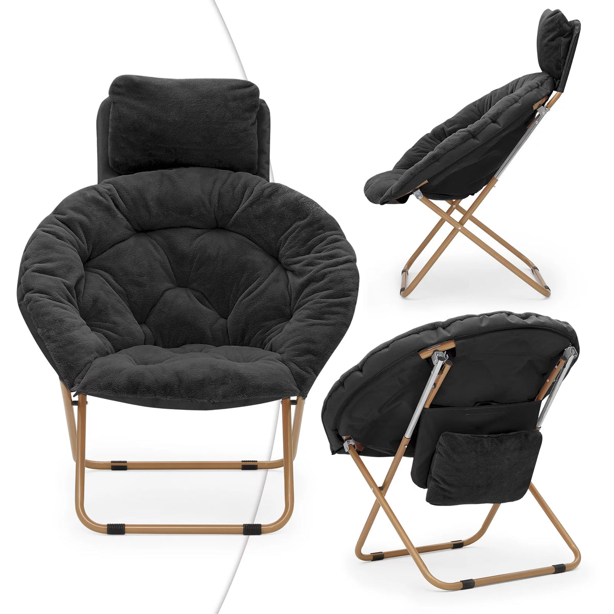 Black Faux Fur Folding Saucer Chairs with Pillow Z64138