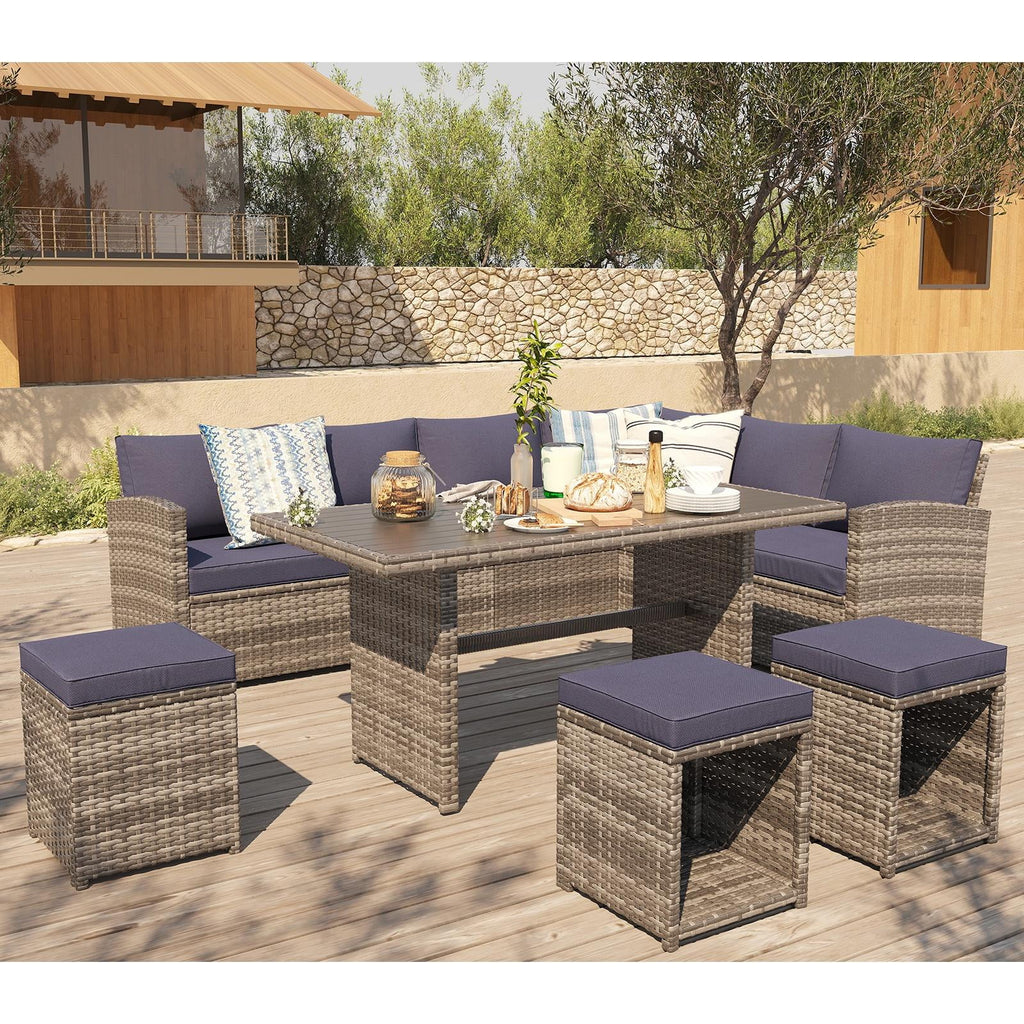 7 Piece Patio Furniture Set with Dining Table and Ottomans L6087