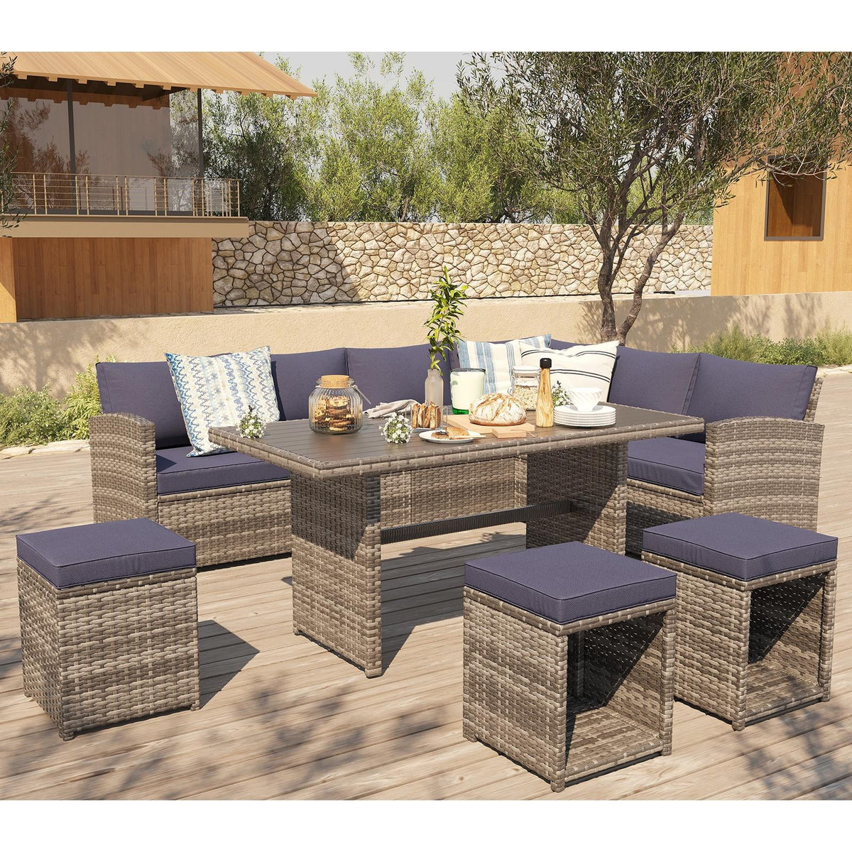 7 Piece Patio Furniture Set with Dining Table and Ottomans L6087