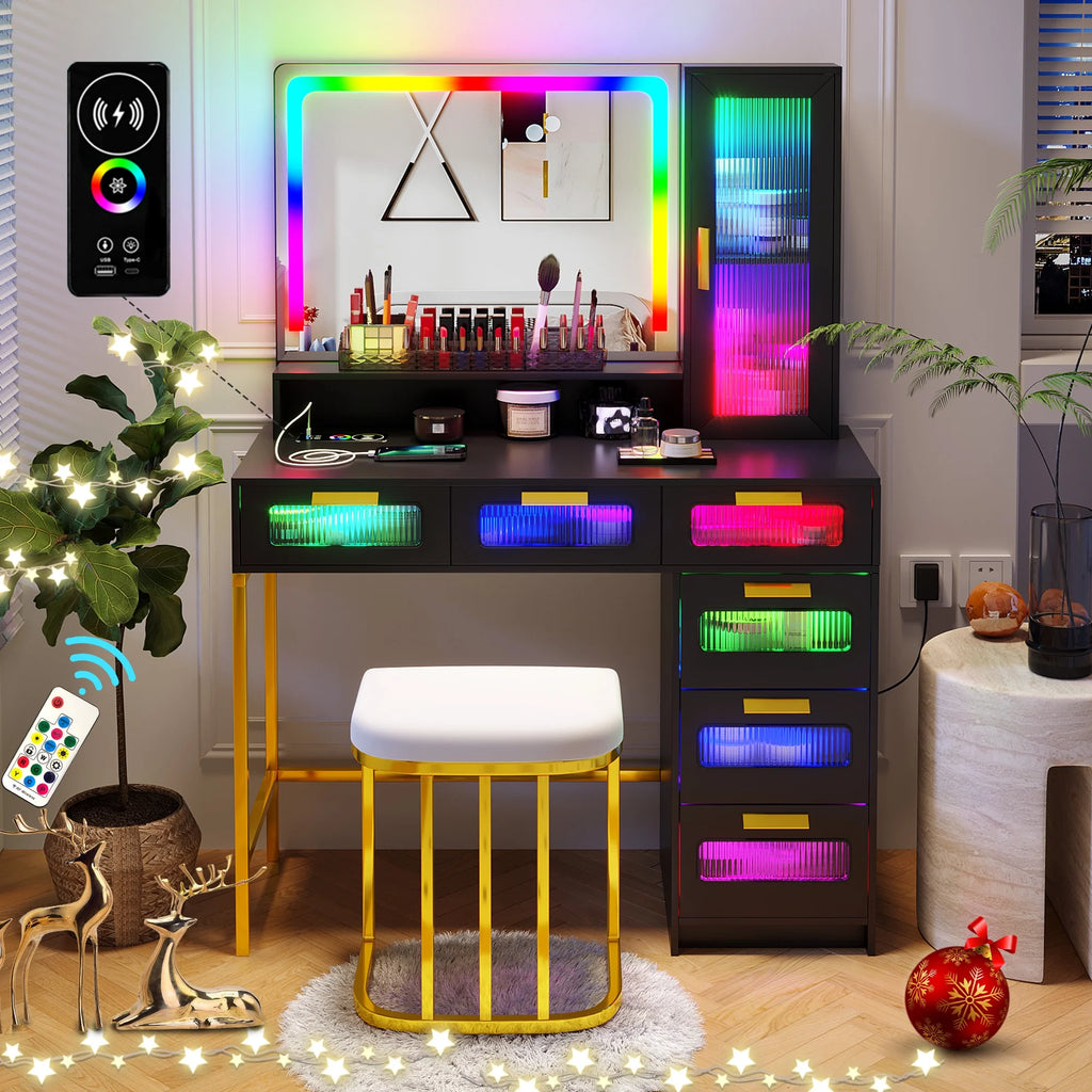 Black Vanity Set with 6 Drawers and Stool H99061
