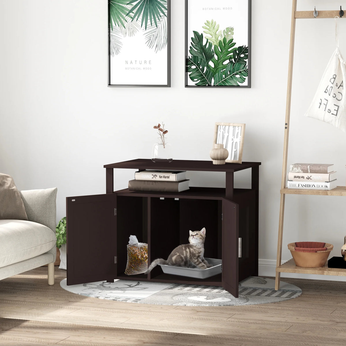 Wooden Cat Litter Box Enclosure with Adjustable Interior Wall P9889