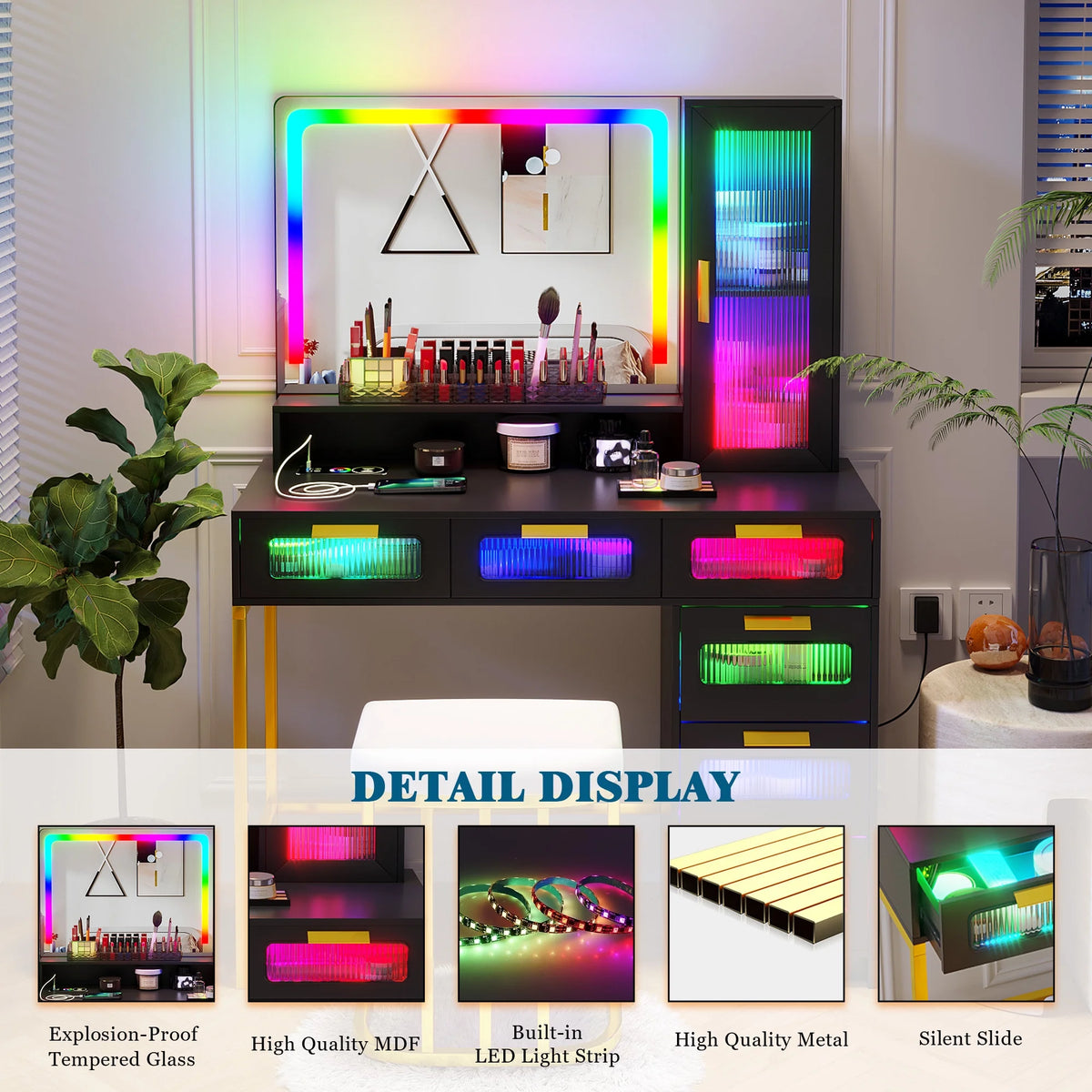 Black Vanity Set with 6 Drawers and Stool H99061