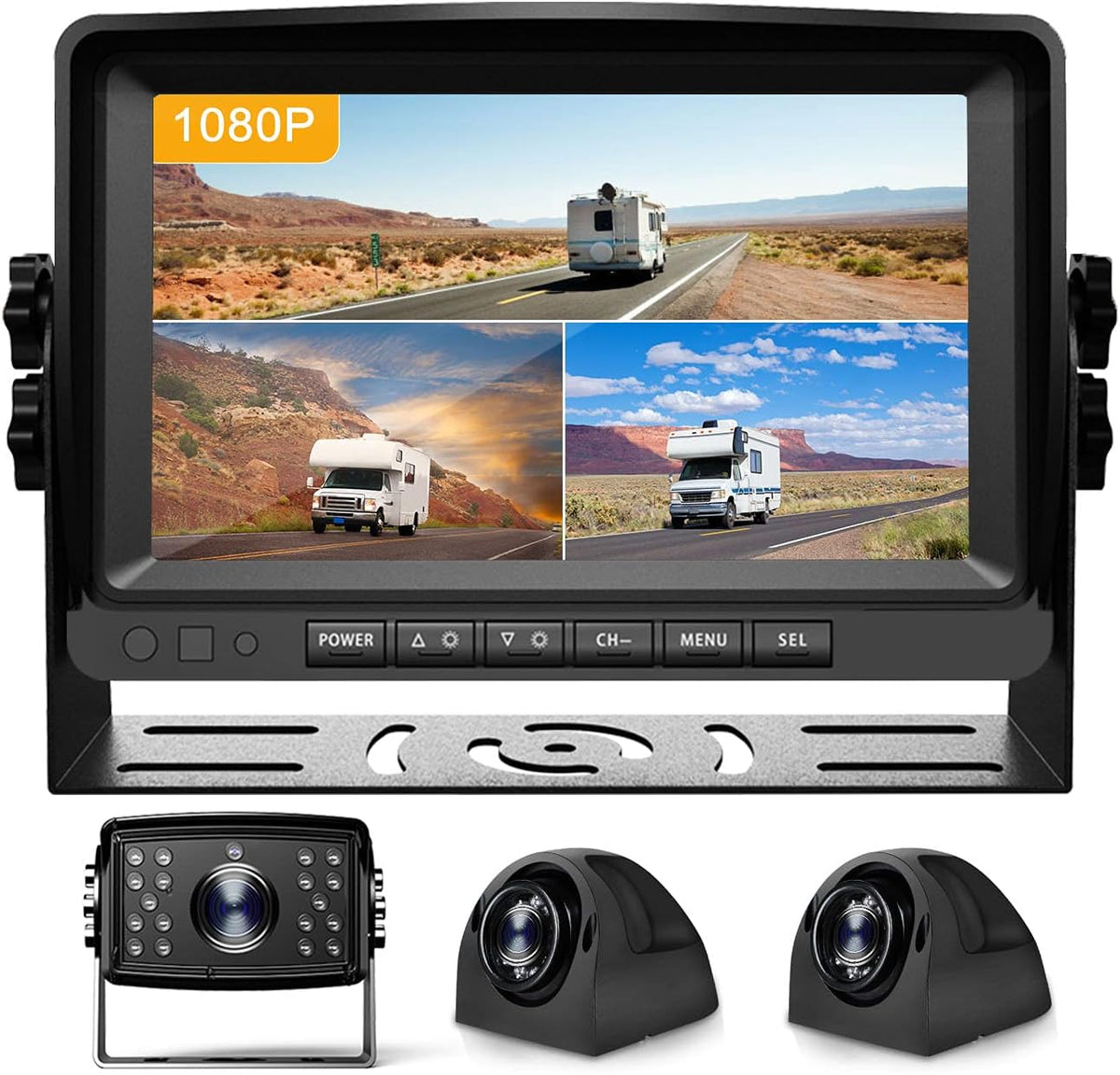 9'' 1080P DVR Wired Backup Camera System, HD Quad Split Monitor, 4 x Cameras, IP69 Waterproof P646945