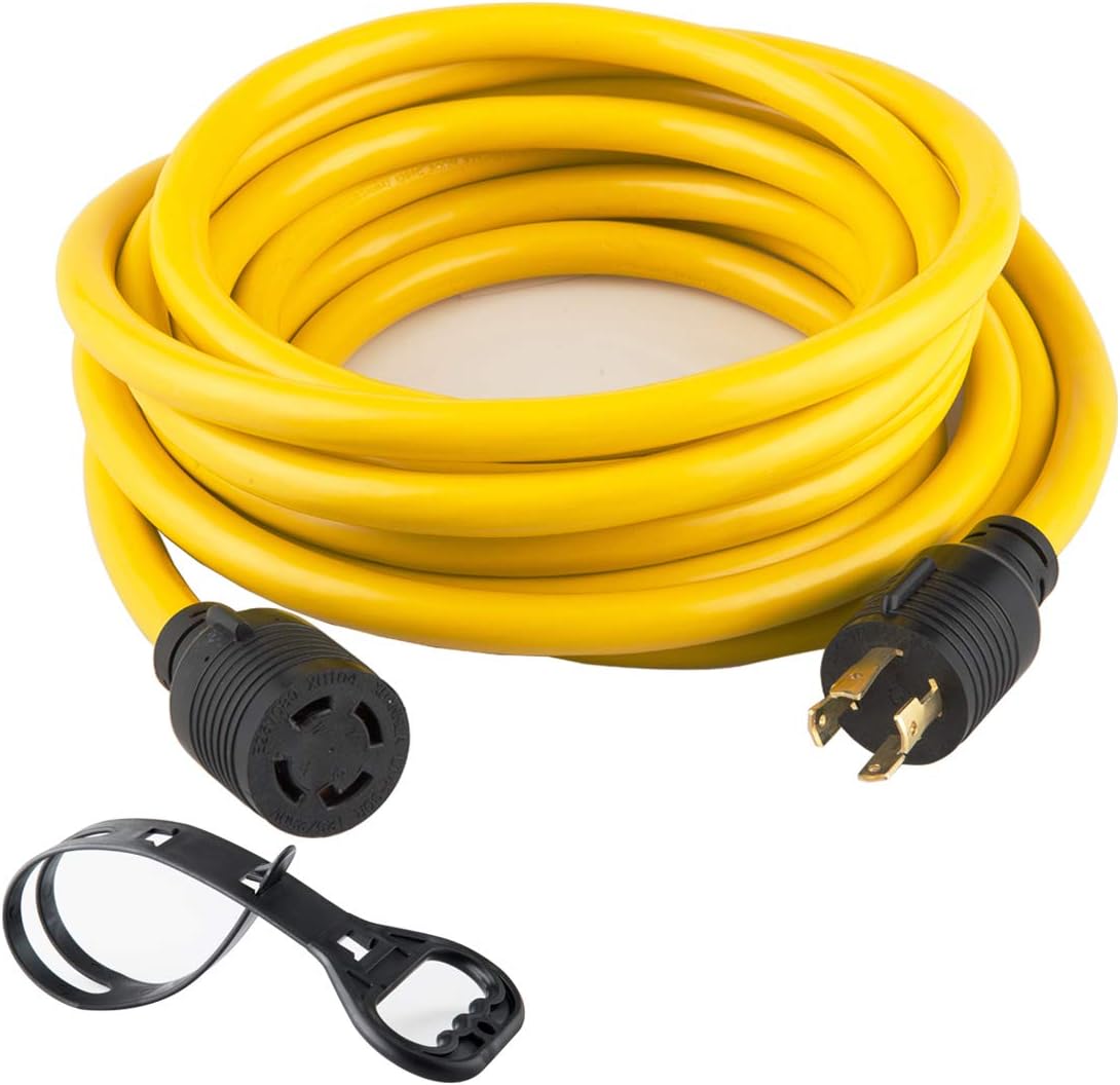 25FT Heavy Duty Generator Locking Power Cord NEMA L14-30P/L14-30R, 4X10 Gauge SJTW Cable, 125/250V 30Amp 7500 Watts Yellow H60008