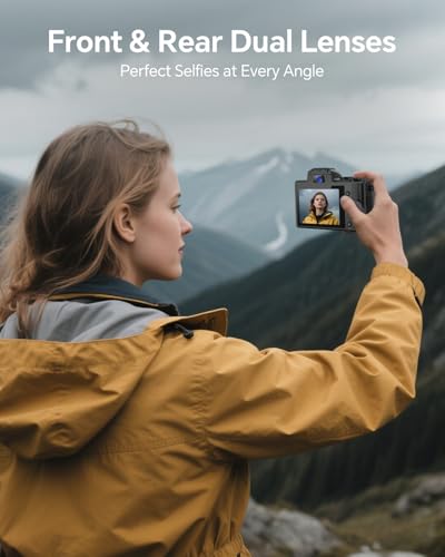 8K Digital Camera with Front and Rear Lens, Flash, Touch Screen, 64GB Card, 2 Batteries J394