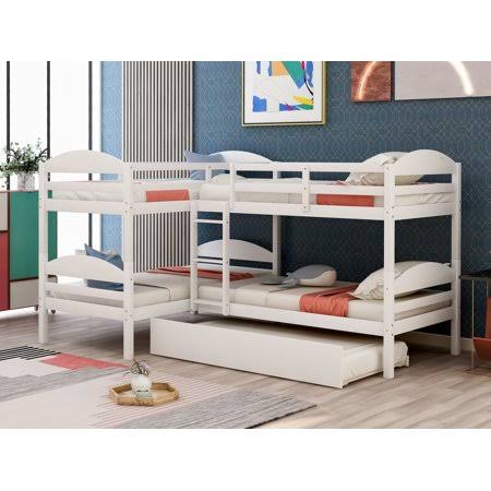 Twin L-Shaped Solid Wood Bunk Bed with Trundle M7988
