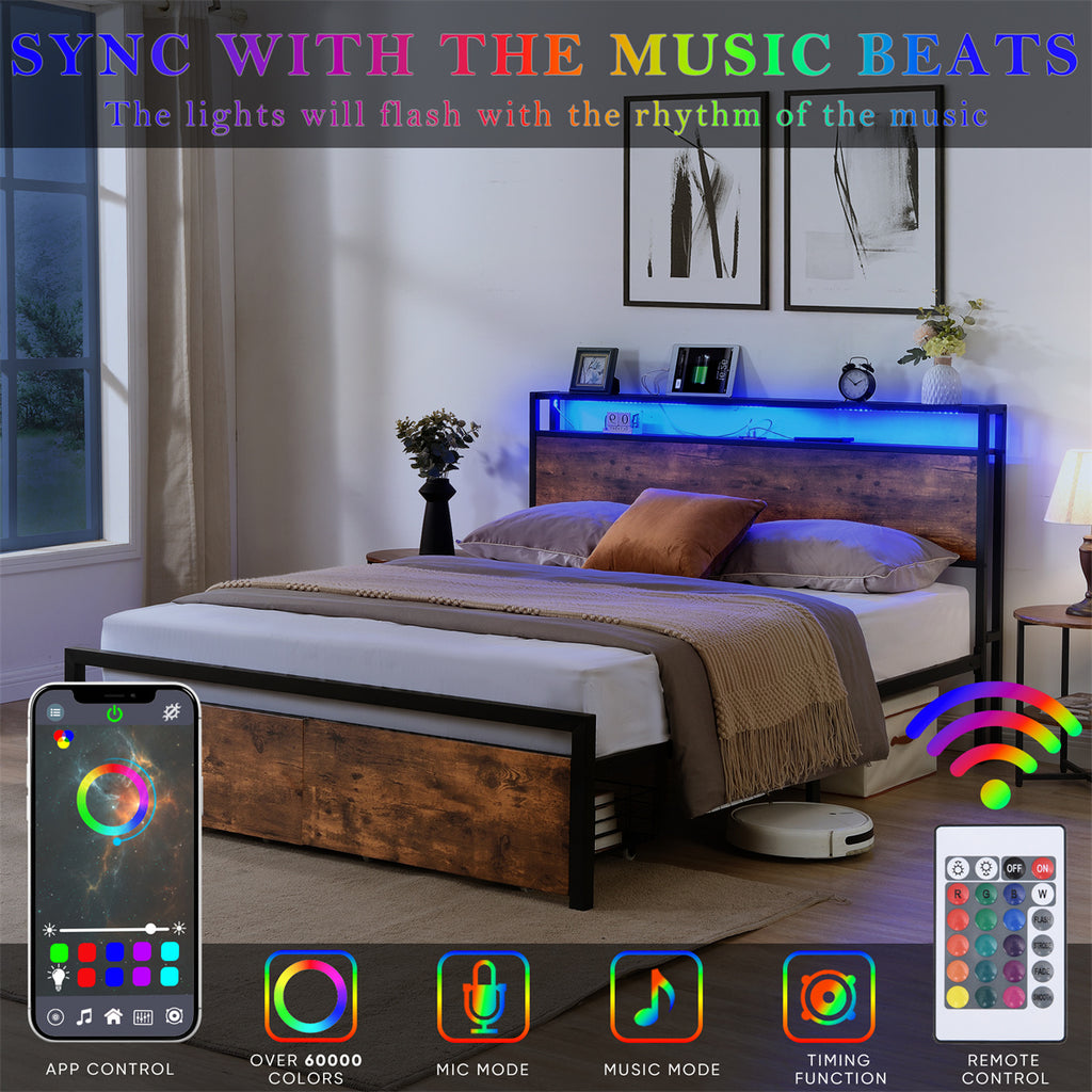 Queen Size Metal Bed Frame with Storage Headboard and 2 Drawers F837