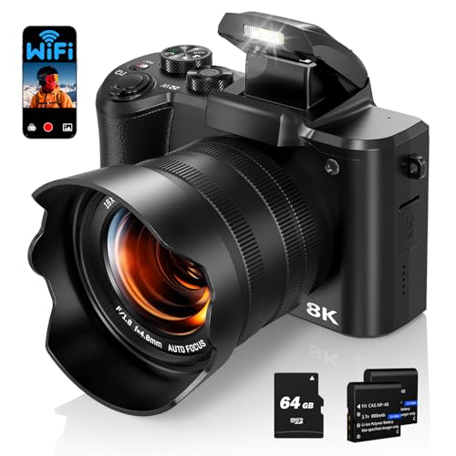 8K Digital Camera with Front and Rear Lens, Flash, Touch Screen, 64GB Card, 2 Batteries J394