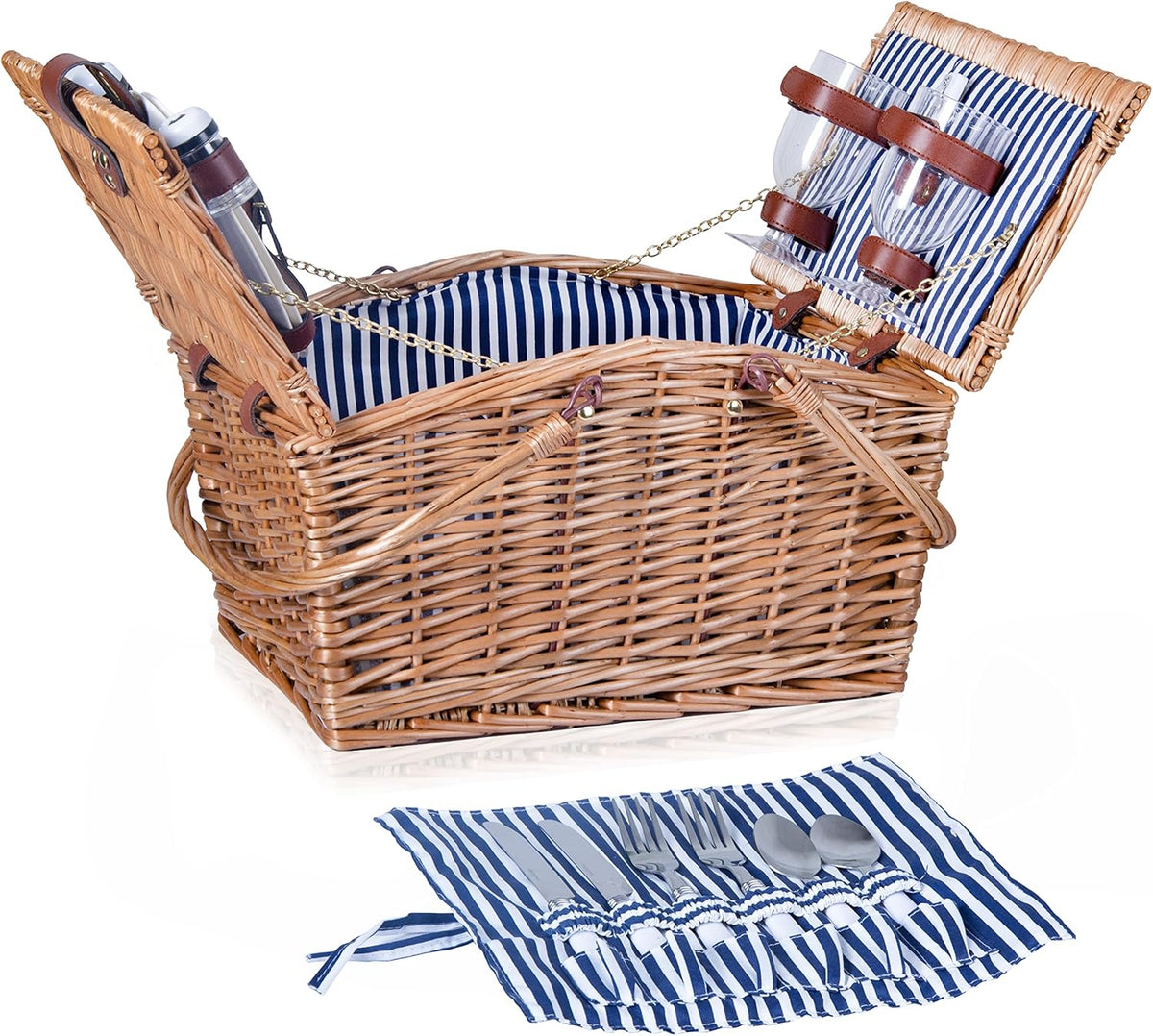 Wicker Picnic Basket Set with Double Collapsible Handles, Grey-Stripe, Pack of 2 N3744