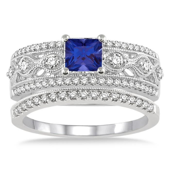 Art Deco 3 Carat Square Shape Blue Sapphire And Moissanite Diamond Bridal Set Engagement Ring on 10k White Gold D210798