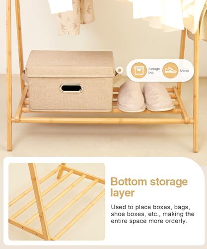 Bamboo Clothes Rack with Storage Shelf, Foldable Wardrobe Storage Rack (Natural) S745