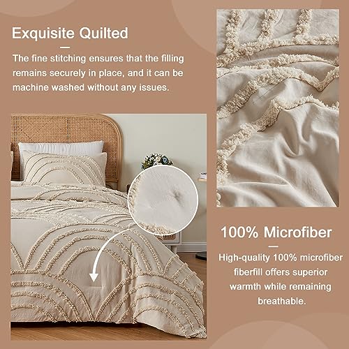 Twin XL Beige Tufted Rainbow Microfiber Comforter Set with 1 Pillowcase T50304