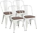 White Metal Stackable Dining Chairs with Wood Seat Set of 4 J220