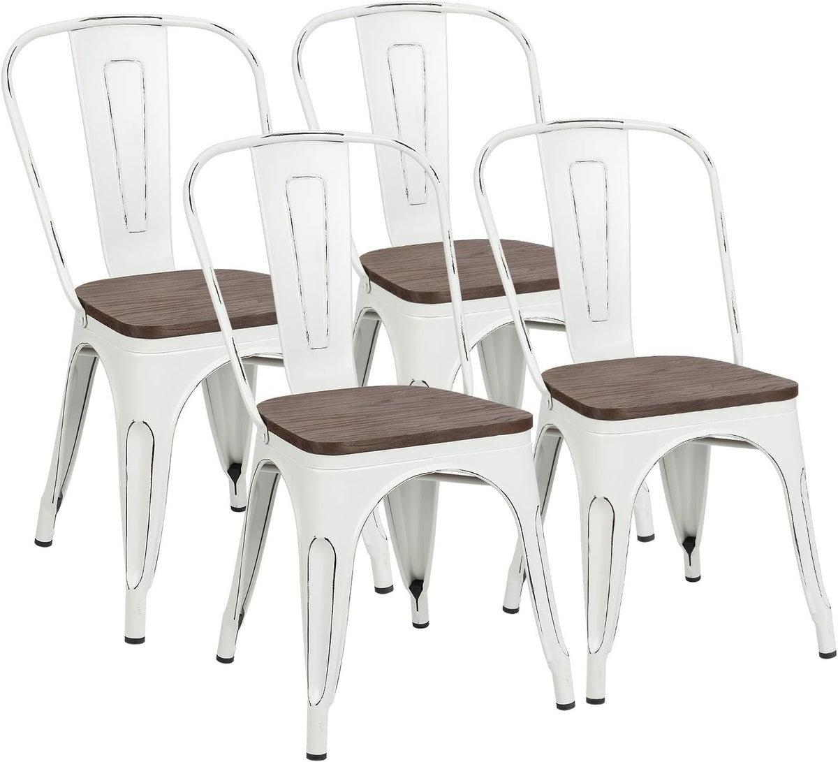 White Metal Stackable Dining Chairs with Wood Seat Set of 4 J220