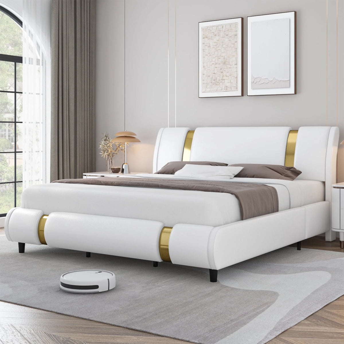 Full Size Leather Upholstered Platform Bed Frame with White Headboard S5649