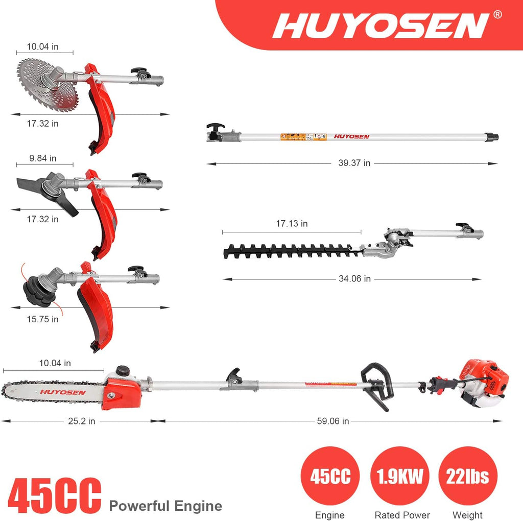 Gas Pole Saw 45CC 2-Cycle 8.2 FT to 11.4 FT Extension 5 in 1 Weeder Eater Hedge Trimmer Chainsaw Brush Cutter 3T Blade B9648