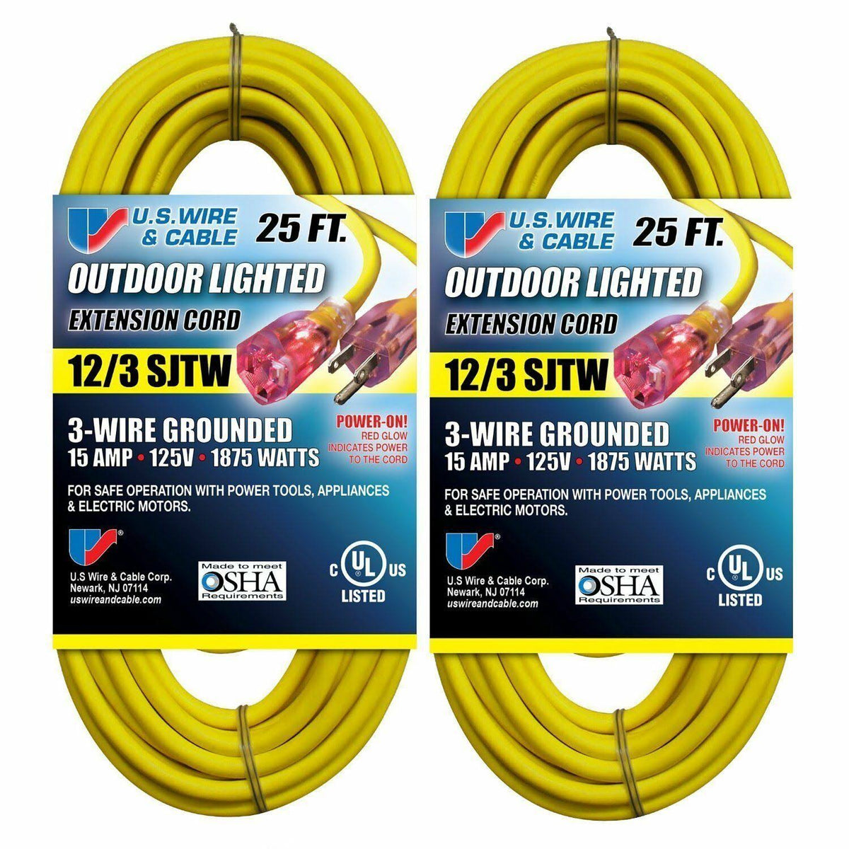 25-ft 12/3 SJTW Heavy Duty Lighted Plug Extension Cord Yellow 2-Pack X889353