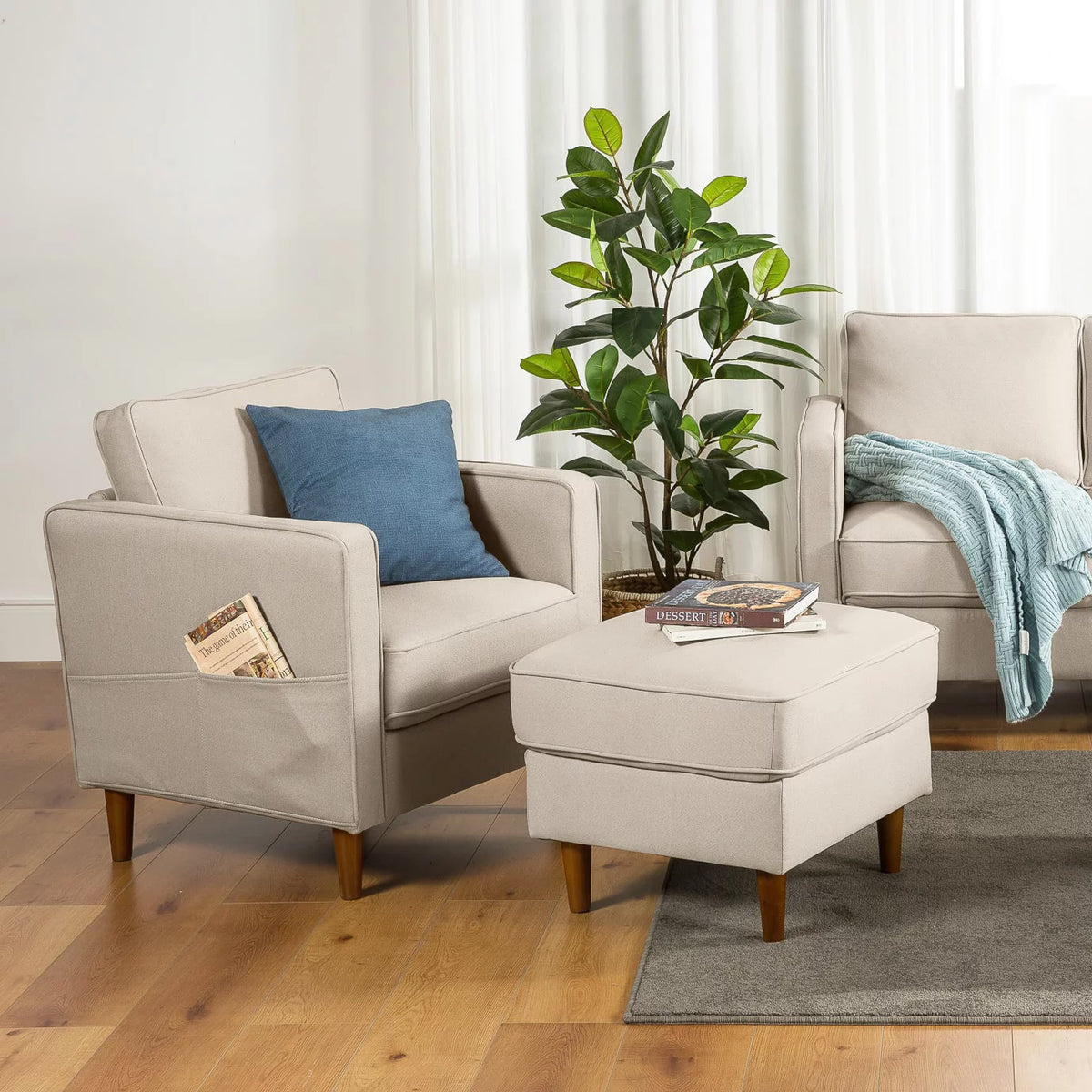 Sand Gray Beige Fabric Armchair with Armrest Pockets H133044