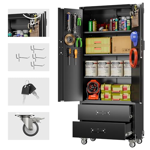 Black Metal Garage Storage Cabinet with Pegboard R363