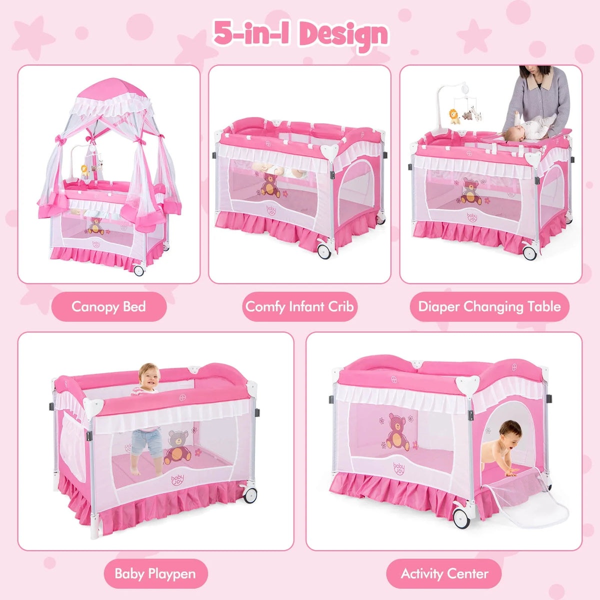 Portable 4 in 1 Baby Playard Crib with Changing Table Pink F5499