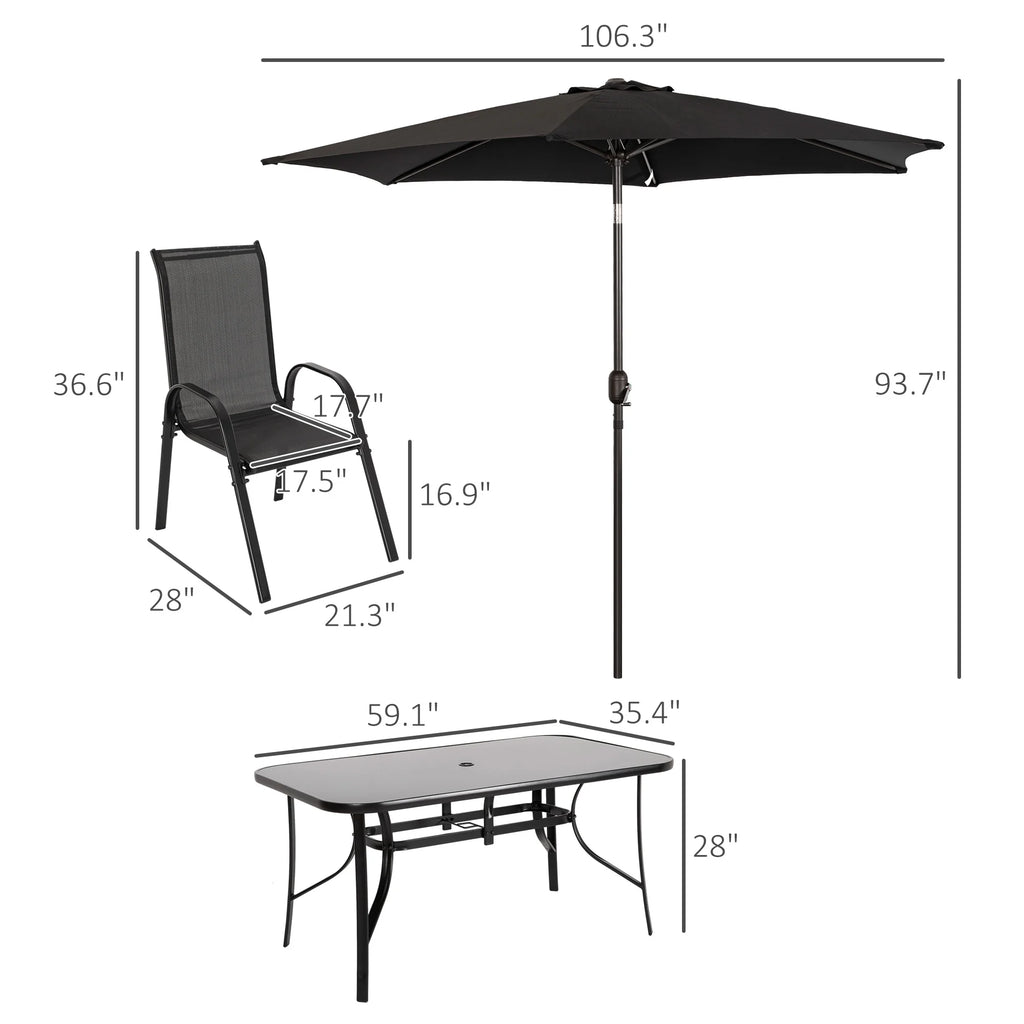 Black Patio Dining Set for Six with Umbrella O6352