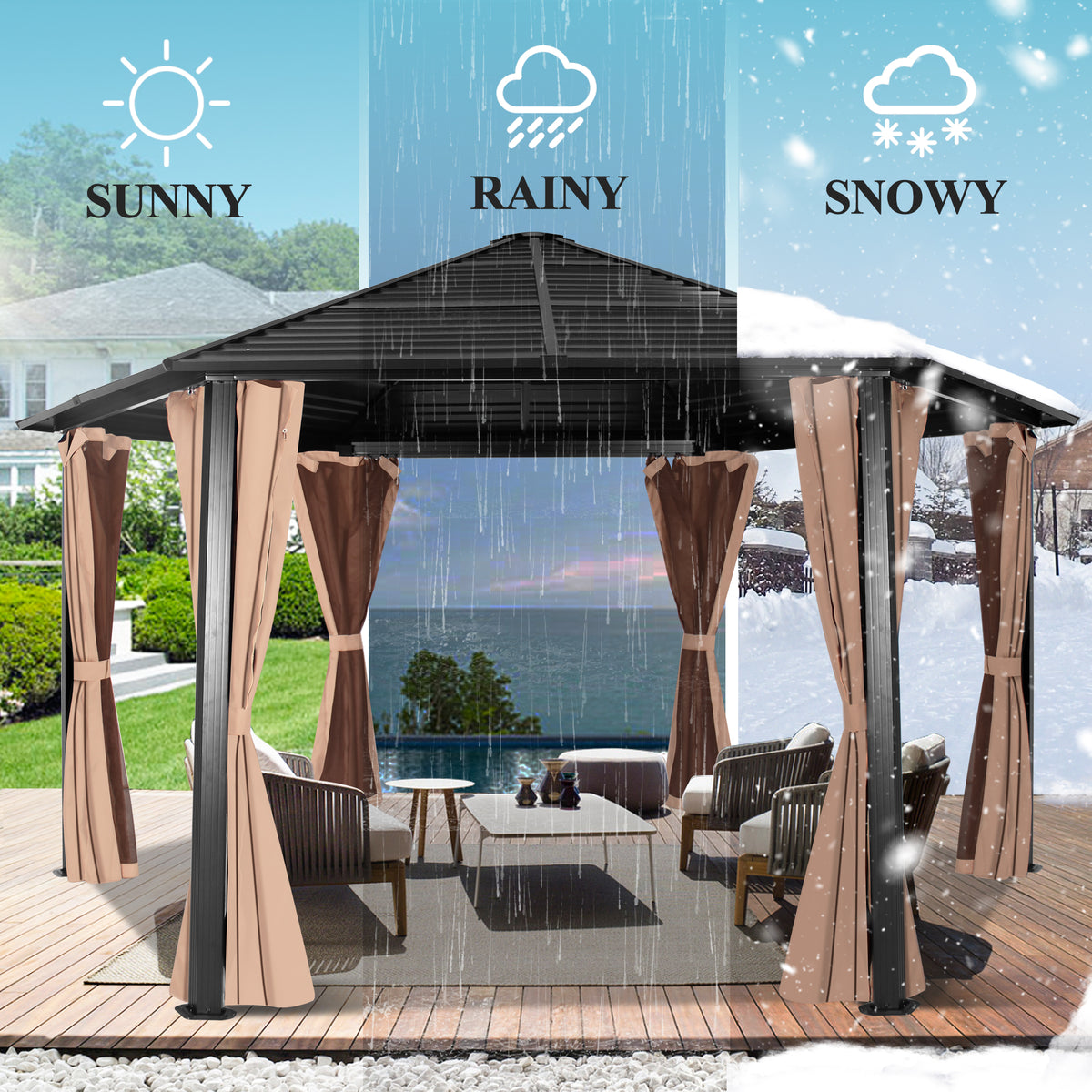 Hexagonal Hardtop Gazebo with Curtains & Mesh Screen C255421