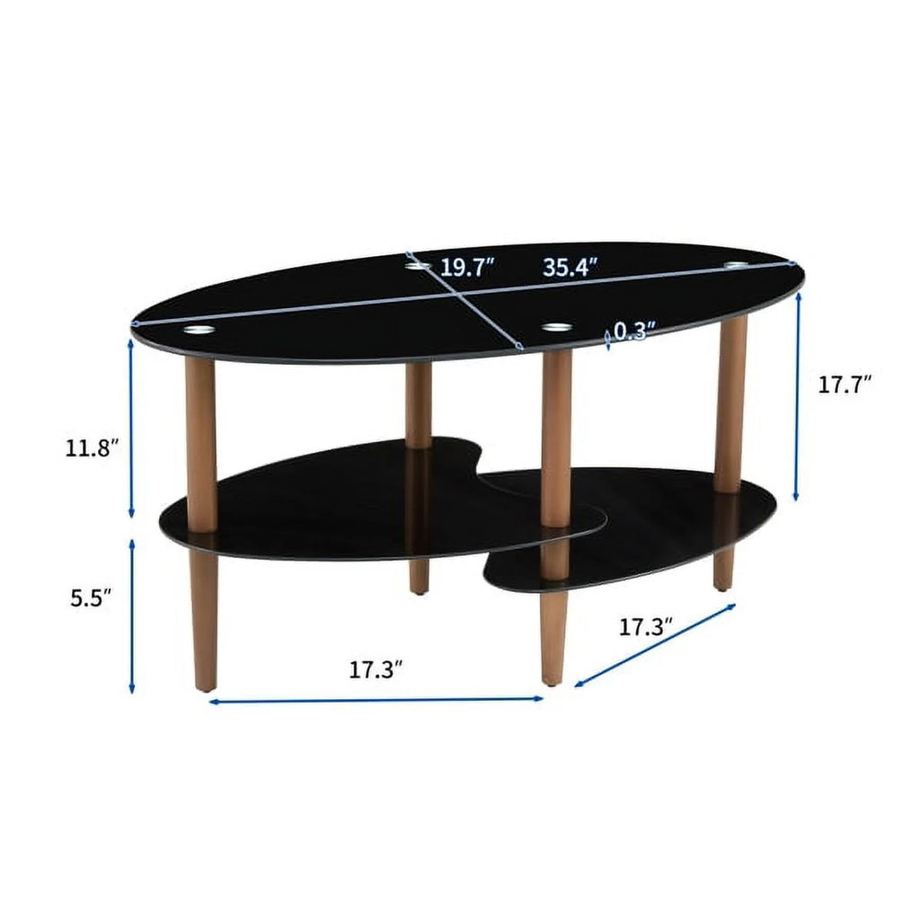 Black Oval Glass Coffee Table with Oak Wood Legs D660