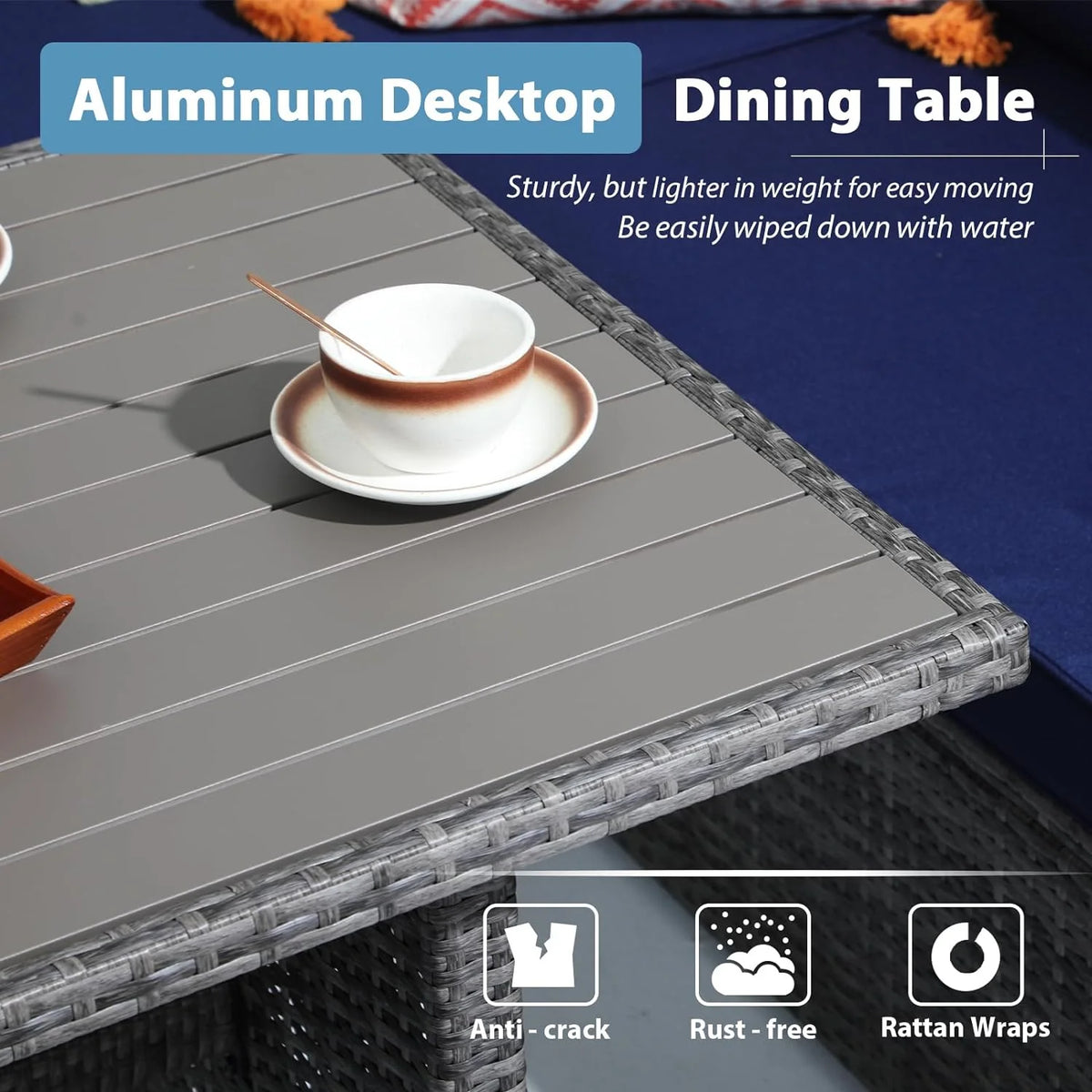 7 Piece Patio Furniture Set with Dining Table and Ottomans L6087