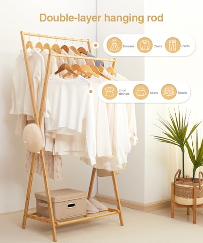 Bamboo Clothes Rack with Storage Shelf, Foldable Wardrobe Storage Rack (Natural) S745