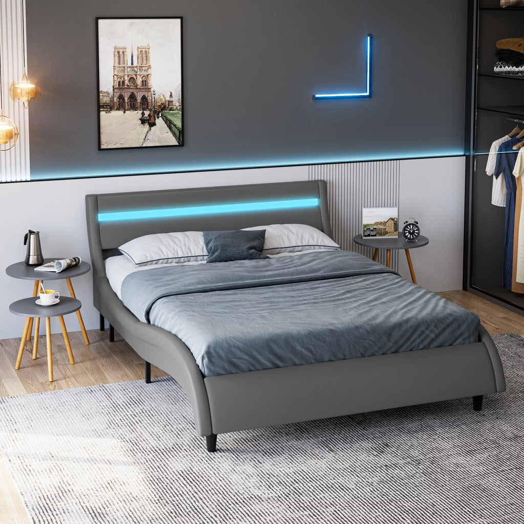 White Full Size Wooden Platform Bed Frame with Adjustable Upholstered Headboard A6257