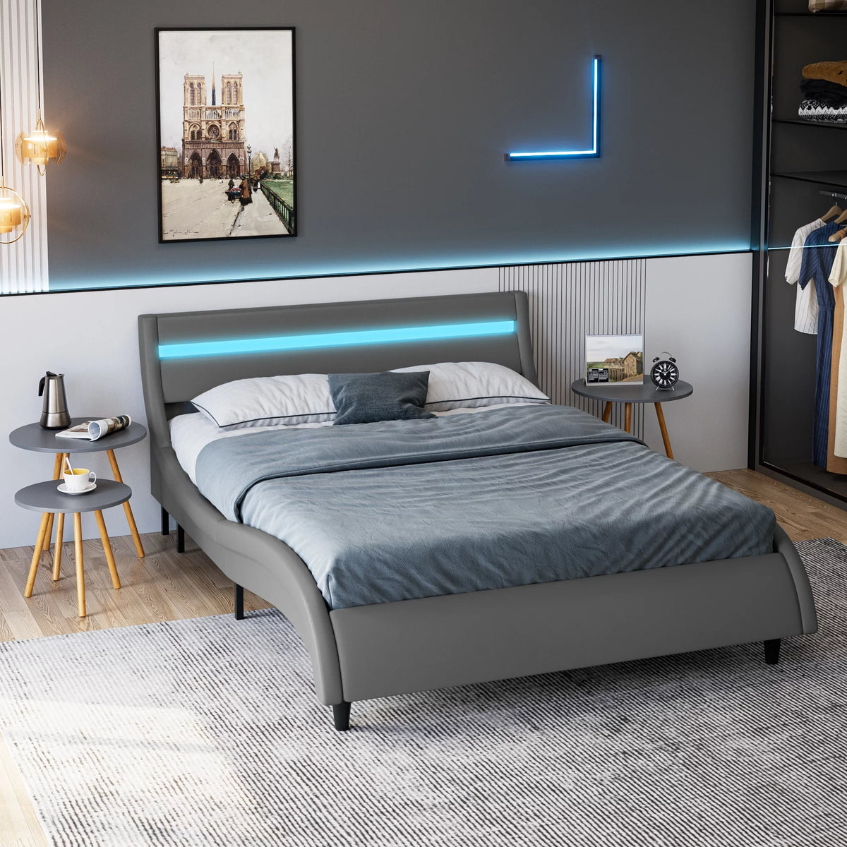 White Full Size Wooden Platform Bed Frame with Adjustable Upholstered Headboard A6257
